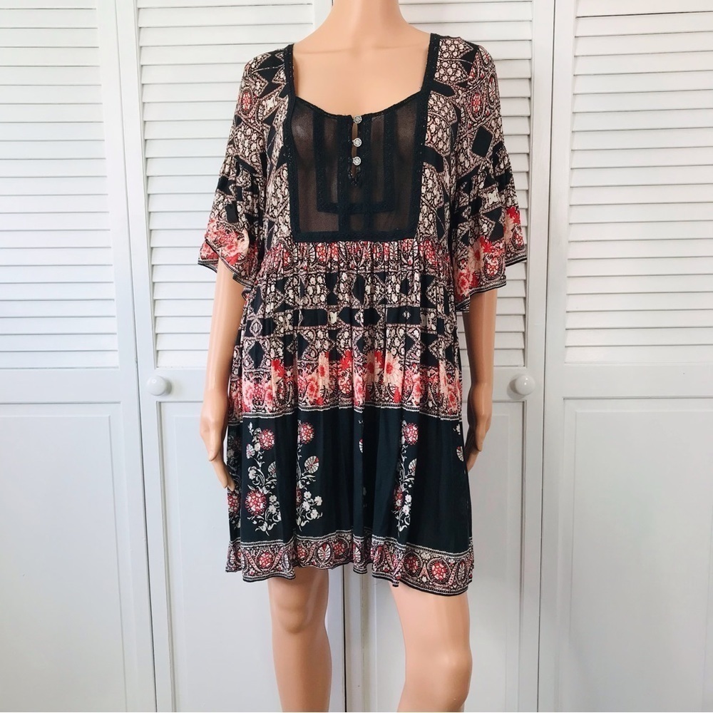 FREE PEOPLE Black Multi Bohemian Style Dress Size Medium